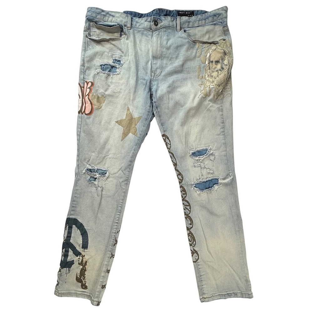 Smoke Rise Mens Distressed Graphic Patch Denim Jeans Light Wash 42x32 Streetwear